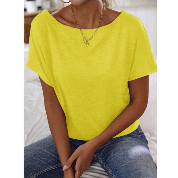 Boat Neck Batwing Sleeve Yellow Tee Shirt Short Sleeve - Picture 2 of 9